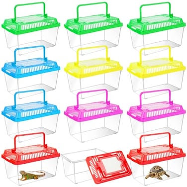 ONLYFU 12Pcs Plastic Reptile Terrariums Carrier Cage Tarantula Enclosure Snake Breeding Box Hatching Container Transparent Fish Tank Turtle Aquarium with Random Color Lid for Spider XS51 x 35 x 35