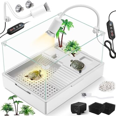 MoonOrange Large Turtle Tank KitTank Light Water Pump Acrylic Turtle Tank Starter Kit with Two Rain Shower Head Adjustable Water Pump Higher Fences KitS