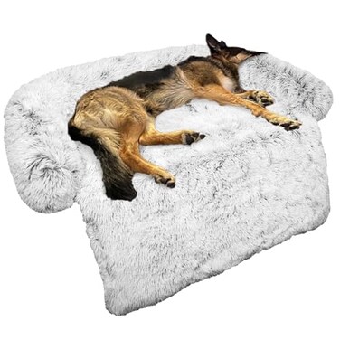 GGIB Calming Dog Bed Fluffy Plush Dog Mat for Furniture Protector with Removable Washable Cover for Large Medium Small Dogs and Cats Large Light Grey