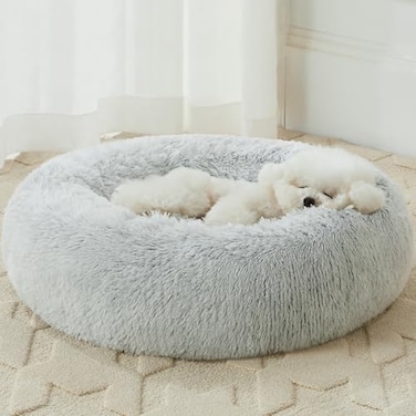 WNPETHOME Calming Dog Bed Cat Bed Donut Faux Fur Pet Bed SelfWarming Donut Cuddler Comfortable Round Plush Dog Beds20 x 20 x 8 Inch Light Grey