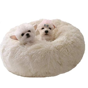 BODISEINT Modern Soft Plush Round Pet Bed for Cats or Small Dogs Mini Medium Sized Dog Cat Bed Self Warming Autumn Winter Indoor Snooze Sleeping Cozy Kitty Teddy Kennel 24 D x 8 H White