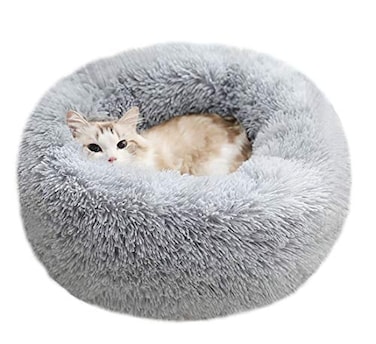 BODISEINT Modern Soft Plush Round Pet Bed for Cats or Small Dogs Mini Medium Sized Dog Cat Bed Self Warming Autumn Winter Indoor Snooze Sleeping Cozy Kitty Teddy Kennel 24 D x 8 H Light Grey