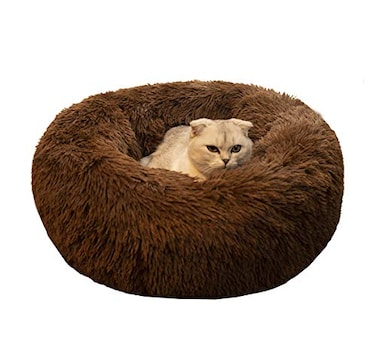 BODISEINT Modern Soft Plush Round Pet Bed for Cats or Small Dogs Mini Medium Sized Dog Cat Bed Self Warming Autumn Winter Indoor Snooze Sleeping Cozy Kitty Teddy Kennel 20 D x 8 H Chocolate