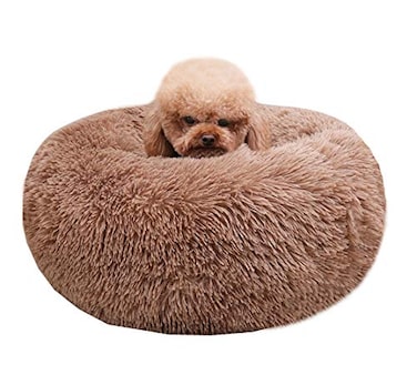 BODISEINT Modern Soft Plush Round Pet Bed for Cats or Small Dogs Mini Medium Sized Dog Cat Bed Self Warming Autumn Winter Indoor Snooze Sleeping Cozy Kitty Teddy Kennel 24 D x 8 H Coffee