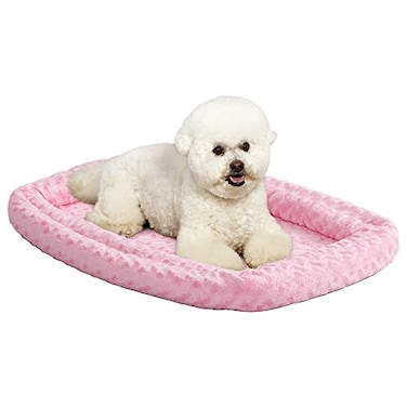 MidWest Homes for Pets Small QuietTime Double Bolster Pet Bed Pink Plush 24Inch Crate Mat with Stacked Bolsters Machine Washable Secure Fit with Elastic Straps