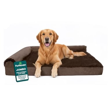 FurHaven Orthopedic Dog Bed for Large Dogs LShaped Chaise Mattress Egg Crate with a Solid Orthopedic Foam Base for Joint Support Removable Washable Cover Jumbo XL Plush Velvet Sable Brown