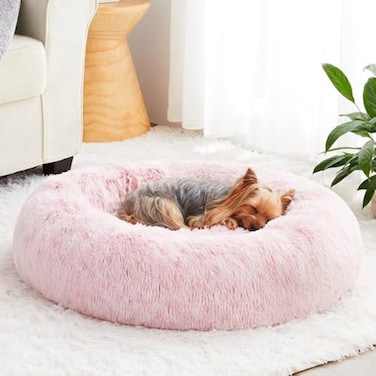 WNPETHOME Calming Dog Bed Cat Bed Donut Faux Fur SelfWarming Donut Cuddler Comfortable Round Plush Pet Beds 27 x 27 x 8 Inch Light Pink