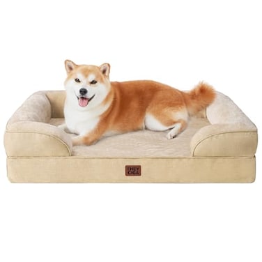 EHEYCIGA Orthopedic Dog Beds for Large Dogs Waterproof Memory Foam Large Dog Bed with Sides NonSlip Bottom and EggCrate Foam Pet Couch Bed with Washable Removable Cover Greige