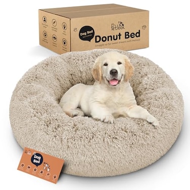 Petloox Donut Dog Bed Premium Comfort for Anxiety Relief Fluffy Calming Design with UltraPlush Support Cozy Round Dog Bed with Super Soft Circle Style Beige Small
