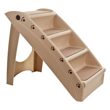 PETMAKER Pet Stairs Home and Vehicle Foldable Nonslip Dog Steps with 4Step Design For Puppies Kittens and Other Small Pets by Tan