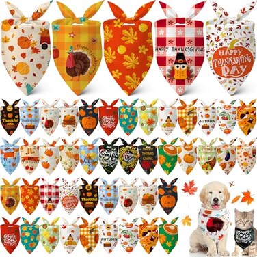 Sanwuta 60 Pcs Fall Dog Bandanas Thanksgiving Dog Bandanas Bulk Adjustable Pet Bibs Triangle Scarf Holiday Costume for Small to Large Pet Turkey Pattern