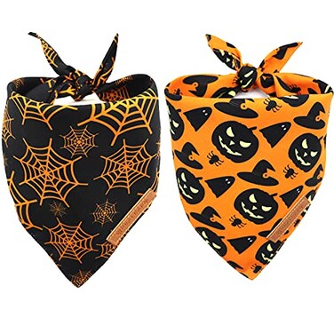 Realeaf Halloween Dog Bandanas 2 Pack Pumpkin and Spider Web Bibs Triangle Reversible Fall Pet Scarf Premium Durable Fabric Adjustable Fit XLarge