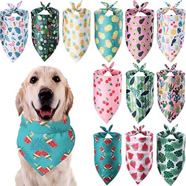 Weewooday 12 Pcs Large Dog Bandana Summer Scarf Hawaii Triangular Bibs Adjustable Washable Kerchief Pet Bandana with Fruit Leaves Patterns for Small to Large Party SuppliesSummer Patterns