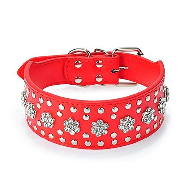 haoyueer Rhinestones Dog Collars Flower Pattern Rhinestone Studded Leather Sparkly Crystal Diamonds Dazzling Sparkling Elegant Fancy PU Leather Dog Collar for Medium Large DogsRedL