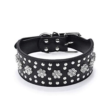 Haoyueer Rhinestones Dog Collars Flower Pattern Rhinestone Studded Leather Sparkly Crystal Diamonds Dazzling Sparkling Elegant Fancy PU Leather Dog Collar for Medium Large DogsBlackM