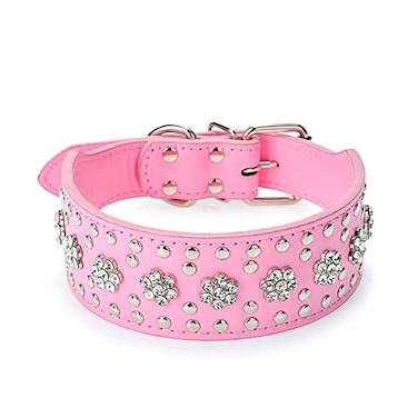 Haoyueer Rhinestones Dog Collars Flower Pattern Rhinestone Studded Leather Sparkly Crystal Diamonds Dazzling Sparkling Elegant Fancy PU Leather Dog Collar for Medium Large DogsPinkL