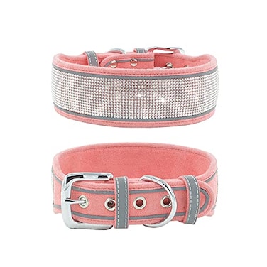 haoyueer Rhinestone Dog Collar Dazzling Sparkling Soft Suede Reflective Large Dog Collar Crystal Diamond Collar for Medium Large Dogs S1215 Pink