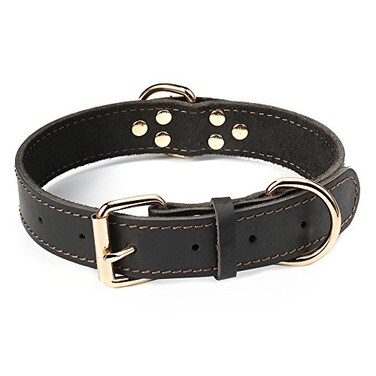 DAIHAQIKO Leather Dog Collar Heavy Duty Wide for Medium Large Dogs Single Stitch Black