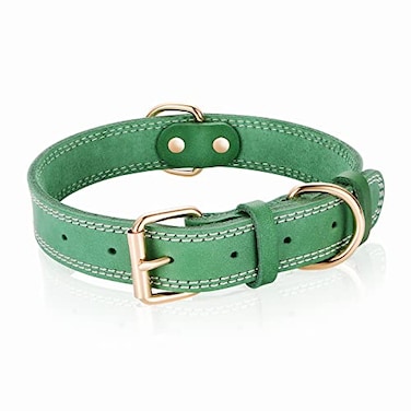 DAIHAQIKO Leather Dog Collar Heavy Duty Wide Genuine for Medium Large Dogs Dual Stitch Green
