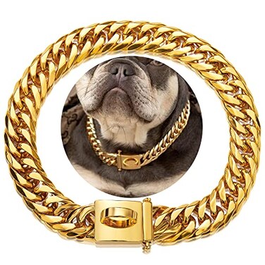 W/W Lifetime Gold Chain Dog Collar 16MM Cuban Link With Secure Snap Buckle Metal Collar for Small Pitbull 18K 18