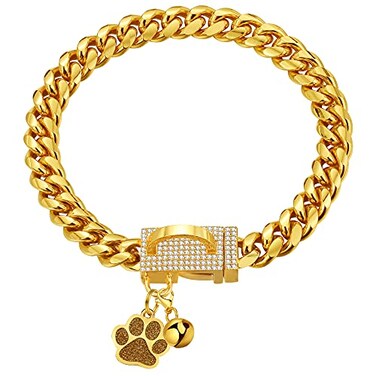 LuxLife Gold Cuban Link Dog Collar 10mm Stainless Steel With CZ Diamond Buckle Bling for Puppy Small Medium Large Dogs Includes Tag Bell 24