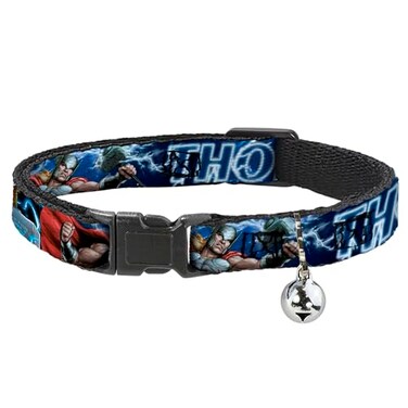Buckle-Down Cat Collar Breakaway Avengers Thor Hammer Action Pose Galaxy Blues White 8 to 12 Inches 05 Inch Wide