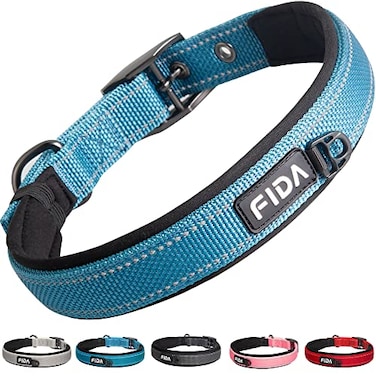 Fida Heavy Duty Dog Collar Ultra Comfortable Soft Neoprene Padded Adjustable Reflective Nylon Pet Collar with Durable Metal Belt Buckle for Medium Breeds M Blue