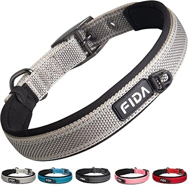 Fida Heavy Duty Dog Collar Ultra Comfortable Soft Neoprene Padded Adjustable Reflective Nylon Pet Collar with Durable Metal Belt Buckle for Medium Breeds M Grey