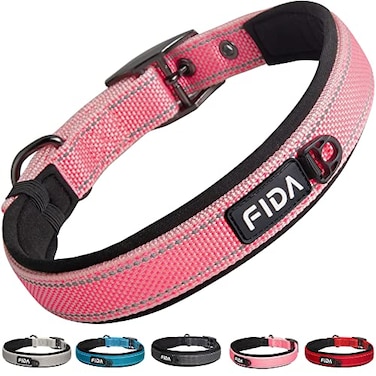 Fida Heavy Duty Dog Collar Ultra Comfortable Soft Neoprene Padded Adjustable Reflective Nylon Pet Collar with Durable Metal Belt Buckle for Medium Breeds M Pink