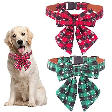 ADOGGYGO 2 Pack Christmas Dog Collar with Bow Tie Classic Plaid Red Green Dog Collars with Removable Bowtie Christmas Collars for Large Dogs Pets Large