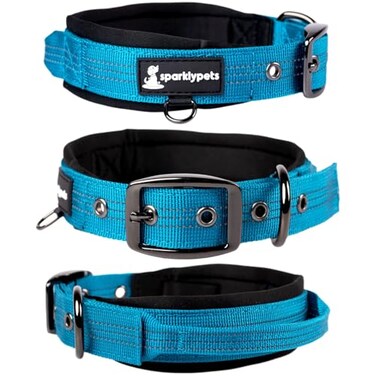 SparklyPets Heavy Duty Dog Collar with Handle for Medium and Large Dogs Professional Collar with Reflective Stitches Soft Handle NickelPlated Buckle Medium 145185 Blue