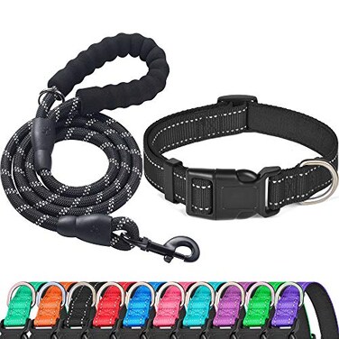 Ladoogo Reflective Dog Collar Padded with Soft Neoprene Breathable Adjustable Nylon Dog Collars for Small Medium Large Dogs Small Pack of 1 Black CollarLeash