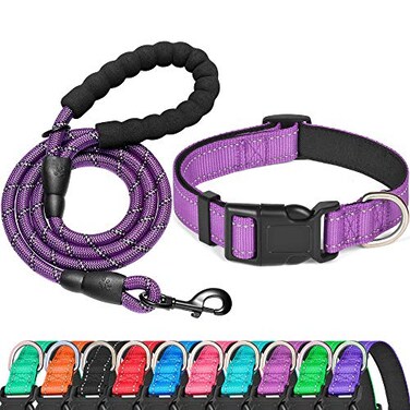 Ladoogo Reflective Dog Collar Padded with Soft Neoprene Breathable Adjustable Nylon Dog Collars for Small Medium Large Dogs Small Pack of 1 Purple CollarLeash