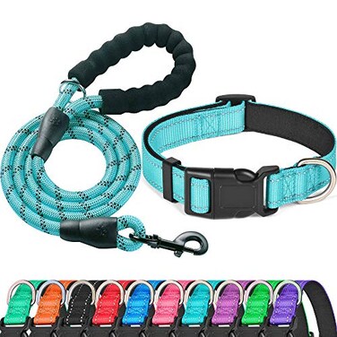 Ladoogo Reflective Dog Collar Padded with Soft Neoprene Breathable Adjustable Nylon Dog Collars for Small Medium Large Dogs Medium Pack of 1 Blue CollarLeash
