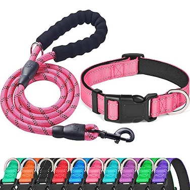 Ladoogo Reflective Dog Collar Padded with Soft Neoprene Breathable Adjustable Nylon Dog Collars for Small Medium Large Dogs Small Pack of 1 Pink CollarLeash