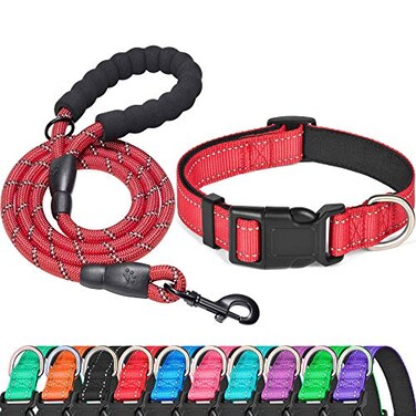 Ladoogo Reflective Dog Collar Padded with Soft Neoprene Breathable Adjustable Nylon Dog Collars for Small Medium Large Dogs Medium Pack of 1 Red CollarLeash