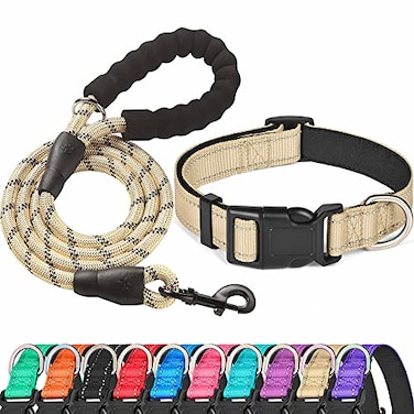 Ladoogo Reflective Dog Collar Padded with Soft Neoprene Breathable Adjustable Nylon Dog Collars for Small Medium Large Dogs Large Pack of 1 Vanilla CollarLeash
