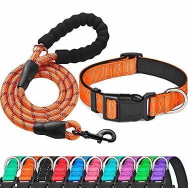 Ladoogo Reflective Dog Collar Padded with Soft Neoprene Breathable Adjustable Nylon Dog Collars for Small Medium Large Dogs Medium Pack of 1 Orange CollarLeash