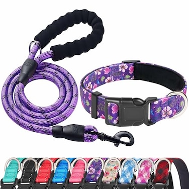 Ladoogo Reflective Dog Collar Padded with Soft Neoprene Breathable Adjustable Nylon Dog Collars for Small Medium Large Dogs Medium Pack of 1 PurplePink Floral CollarLeash