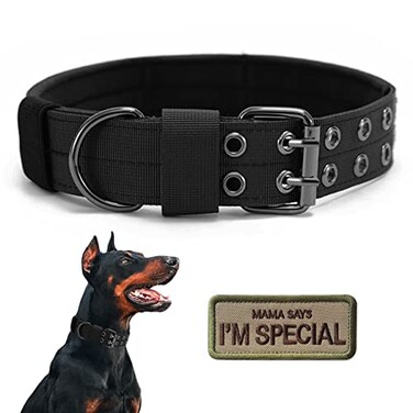 Periflowin Tactical Dog Collar Military Adjustable Dog Collars Soft Nylon Training Collar with Patch Heavy Duty Metal Buckle Collars for Medium Large Dogs Black L