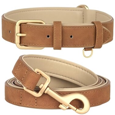 Beirui Soft Padded PU Leather Dog Collar and Leash Set Durable Dog Leash and Collar Set with Metal Buckle Breathable Pet Collars with 4FT Leash for Small DogsBrown Neck 1115