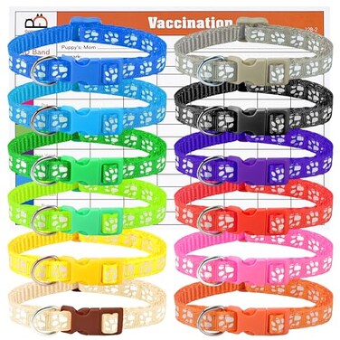 GAMUDA Puppy Collars Super Soft Nylon Adjustable Whelping ID Bands Footprint Pattern Litter Set with 2 Record Keeping Charts 12 Pack S