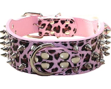 haoyueer Spiked Leather Dog Collar Bullet Rivets Studded 2 Inch Width Stylish Leather Dog Collars for Medium Large Dogs PitbullPink LeopardM