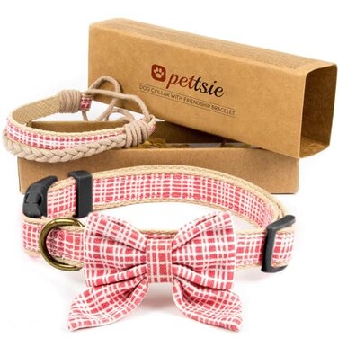 Pettsie Dog Bow Tie Collar with Matching Friendship Bracelet Adjustable Durable Hemp Soft Cotton Stylish Comfortable for Sensitive Skin Elegant Gift Box Medium Pink