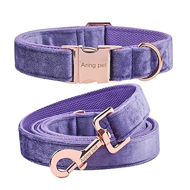 ARING PET Velvet Dog Collar and Leash Set Soft Purple Dog Collar and Leash Adjustable Collars for Dogs