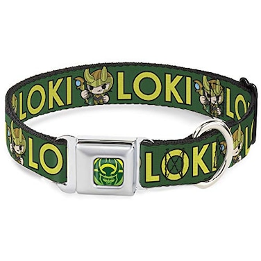 Buckle-Down BuckleDown Dog Collar Seatbelt Buckle Kawaii Loki Standing Pose Text Green Yellow Multi Color 1 Wide fits 1117 Neck Medium DCSBTHAIWTH02410M
