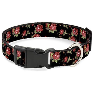 Buckle-Down BuckleDown 1117 Red Roses Scattered Black Plastic Clip Collar Medium