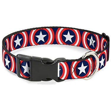 Buckle-Down BuckleDown Marvel Universe Captain America Shield Repeat Navy Plastic Clip Collar Medium1117