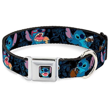 Buckle-Down Dog Collar Seatbelt Buckle Stitch Snacking Poses Black Blue 15 to 26 Inches 10 Inch Wide