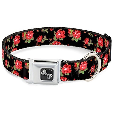 Buckle-Down BuckleDown Seatbelt Buckle Dog Collar Red Roses Scattered Black 1 Wide Fits 1526 Neck Large